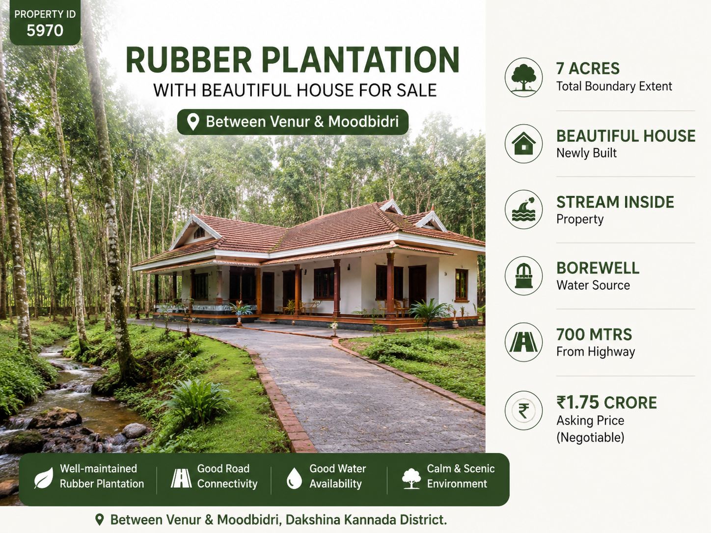 🆔 *PROPERTY ID – 5970* 🌴 *Rubber Plantation with Beautiful House for Sale – Between Venur & Moodbidri*